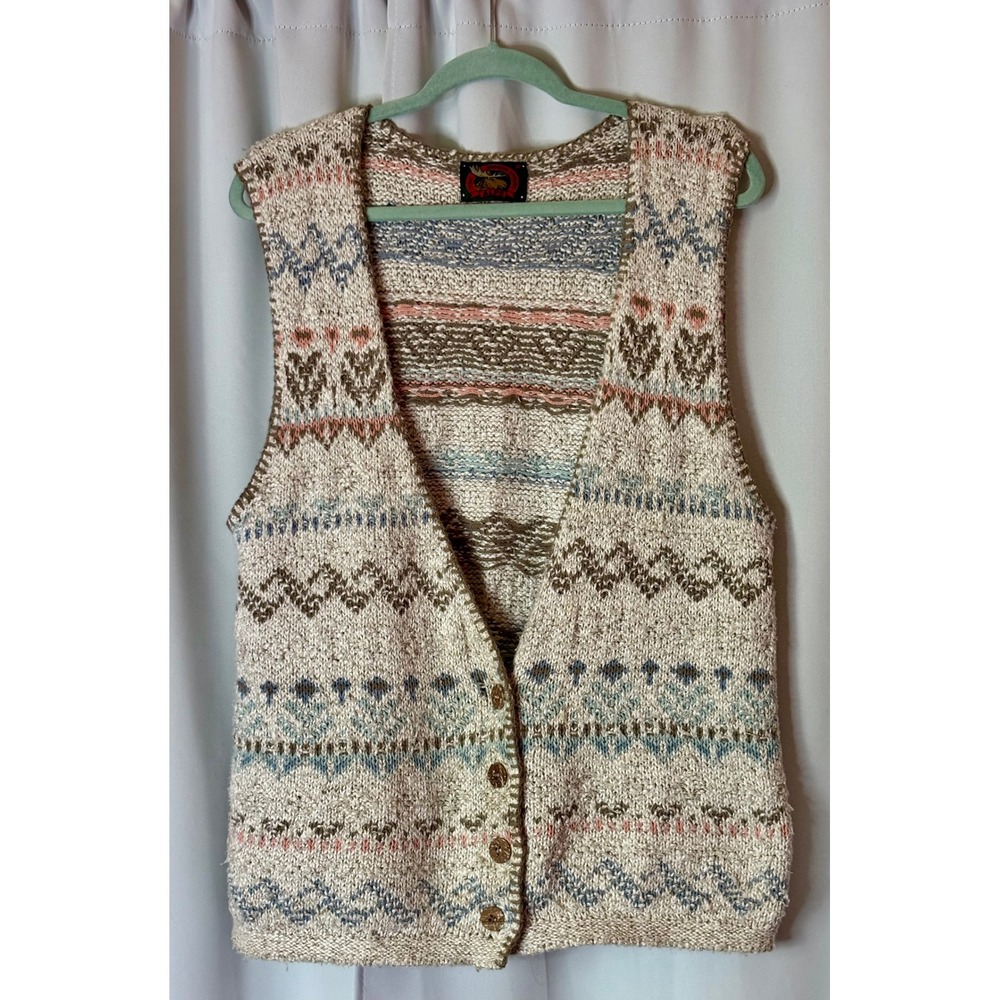Alps Vintage Fair Isle Sweater Vest Womens Medium Cotton Knit Button Front USA